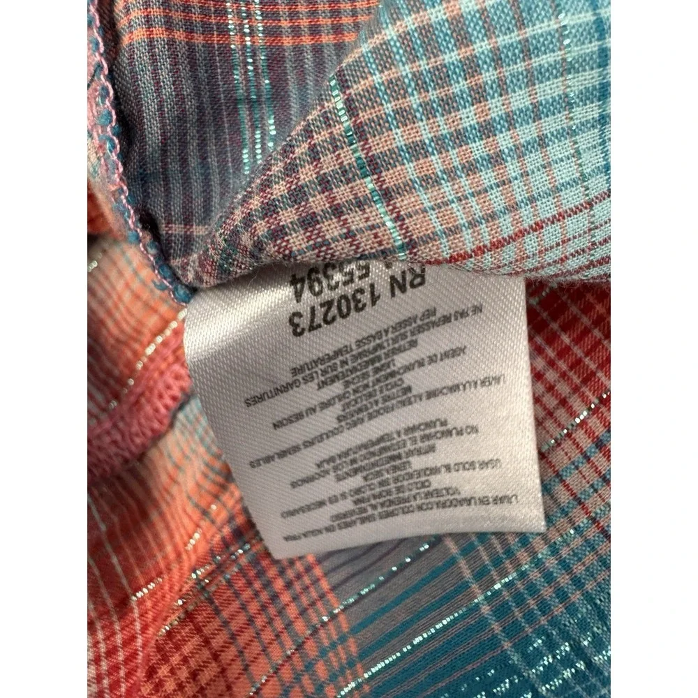Wrangler Button Up Shirt Women S Rust Blue Metallic Plaid Embellished Cowboy - Picture 6 of 7